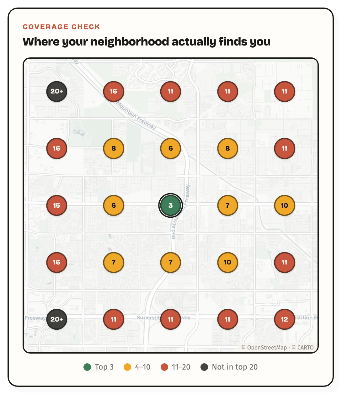 A RaveReply coverage map: 25 ranking checks across a service area, color-coded from green (top 3) to dark (not in the top 20).